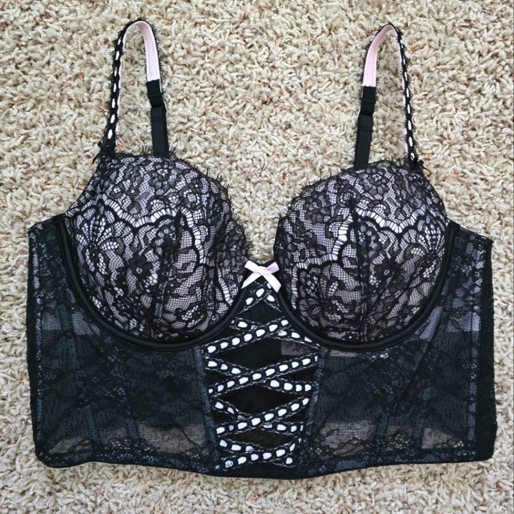 Victoria's Secret Dream Angels Black Lace Longline Bra Bustier Black Pink - XL